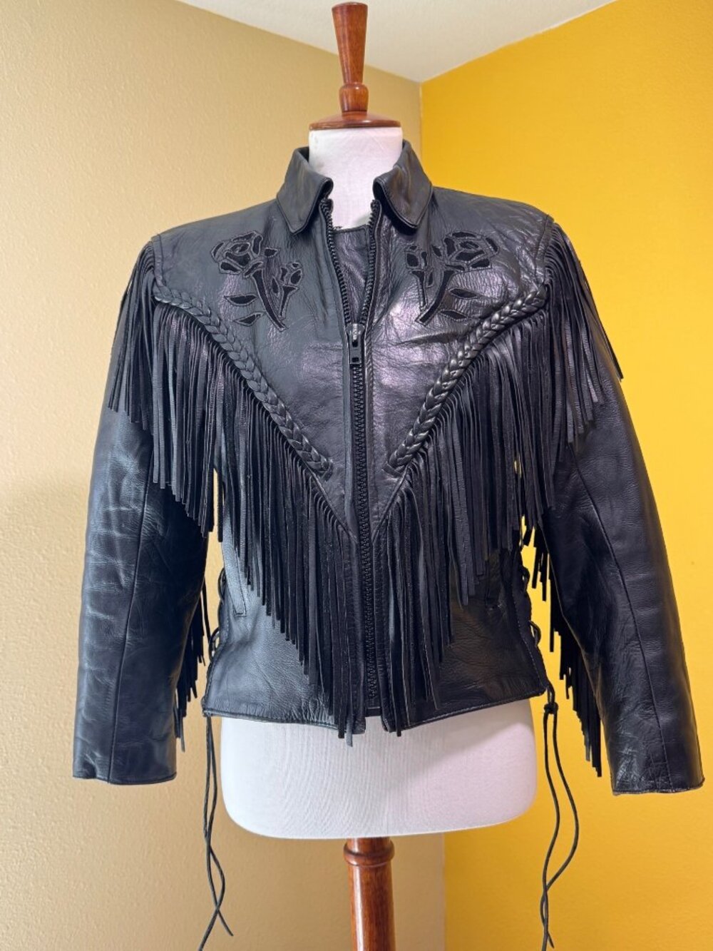 Hudson Leather Black Fringe Genuine Leather Western / Biker Jacket & Chaps Rose